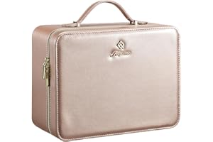 FAQUENC Leder-Kosmetiktasche mit LED-beleuchtetem Spiegel Reise-Kosmetikkoffer Einstellbare Helligkeit in 3 Farben Künstler-Aufbewahrungstasche mit Trennwänden Pinselhalter Schminkkoffer Champagnerfarben