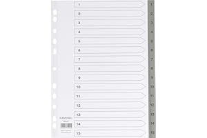 ‎PLASTOREG 5er Set 15-teiliges Register/Trennblätter aus PP, DIN A4 mit Zahlen 1-15, volldeckend + praktischem Deckblatt aus stabilem Papier zum Beschriften. Trenn-Blätter für die Ordner-Organisation im Büro