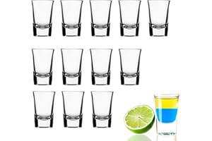 IRONABLE 12 vasos de chupito de 4 cl, fondo grueso, boca inclinada más estable, fácil de limpiar, 12 unidades