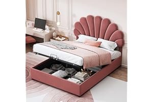 ZYLOYAL10 Łóżko tapicerowane dziecięce, rama łóżka z zagłówkiem w kształcie kwiatu i stelażem, łóżko dla nastolatek z przyjaznego dla skóry aksamitnego materiału, łóżko dla gości (140 x 200 cm, różowe