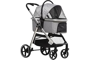 PawHut Dog Trolley, 3-in-1 Dog Buggy, Car Seat, Transport Bag, Cat Buggy with Cushion up to 15 kg, Foldable Cat Pram for Small Dogs with Brakes, Mesh Window, Safety Leads, Light Grey