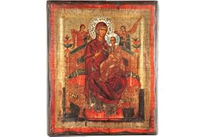 VATOPEDI MONASTERY MOUNT ATHOS Panagia Pantanassa 7th-century Embossed Wooden Aged Icon on Canvas with Golden Background from Mount Athos (22 x 18 cm)