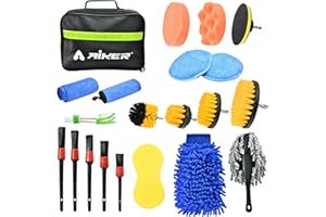 AIKER Kit Limpieza Coche,21PCS Cepillo de Taladro Eléctrico Kit con Esponja para Pulir,Cepillo para Detalles,Dolsa de Almacenamiento,Cepillo para Taladro, Guantes de Lavado,Ropa de Microfibra