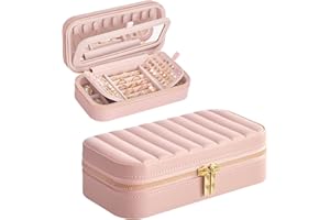 SONGMICS HOME ANAH Collection - Coffre à Bijoux de Voyage, Petite Boîte à Accessoire avec Miroir, 10,5 x 20,5 x 6 cm, Surface PU avec Coutures, Portable, Zip, Idée Cadeau, Rose Bonbon JBC180S01