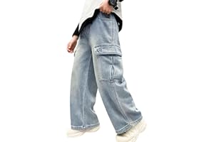 Rolanko Jeans Larghi per Ragazzi, Gamba Larga Vita Elastica Pantaloni Cargo in Denim con Tasche per Bambini