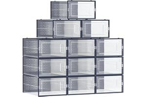 SONGMICS Boîtes à Chaussures, Lot de 12, Rangement Chaussures, Pliable, pour Pointure Jusqu’à 44, Transparent et Bleu Carbone LSP12SB30