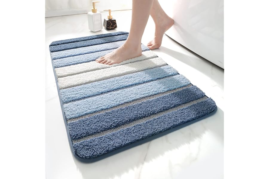 DEXI Bath Mat 40 x 60 cm, Extra Soft Absorbent Microfiber, Non-Slip Washable Rugs for Shower Floor, Bathmat Bathroom Accessories Decor, Blue