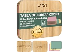 Tabla Cortar Cocina Bambú Madera Doble Cara Antibacteriana Higiénica Con 3 Alfombrillas Intercambiables PP Sin BPA Flexibles Antideslizantes Para Pan Carne Pescado Verduras Quesos Multifuncional LITA