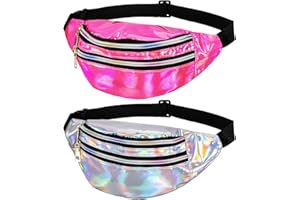 Firtink 2 Pack Shiny Bumbag,Holographic Waist BagFanny Pack Double Zipper Belt Bag Festival Rave Bumbags Waterproof Hip Pouch for Ladies Women Ladies Girls Travel Party Sports Running Hiking