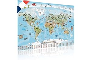 GOODS+GADGETS Carte du monde panoramique pour enfants XXL en français - 140x100cm Décoration murale chambre enfant; Entièrement dessinée et coloriée à la main
