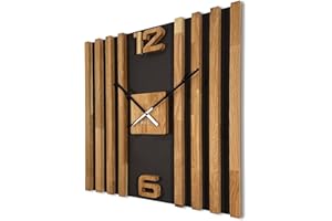 FLEXISTYLE Zegar ścienny duży z drewna, lamele, SQ, 60 cm, wygląd drewna, czarny, dąb 3D, nowoczesny, bez tykania, do salonu (czarny/dąb)