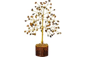 FASHIONZAADI Tiger Eye Feng Shui Bonsai Money Tree Healing Crystals Gemstone Trees Reiki Stone Good Luck Chakra Crystal Home Office Table Decor Decorative Figurine Gift size -7-8 Inch (Golden Wire)