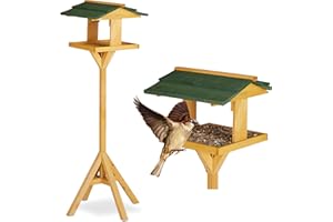 Relaxdays Casetta per Uccelli con Supporto, Autoportante, Giardino & Balcone, Mangiatoia, 117 cm, Verde-Legno Naturale