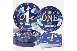 PATIMATE Set di piatti di carta 1° compleanno per ragazzi, 72 pezzi Tovaglioli per feste di compleanno 'ONE' in oro blu, Stoviglie di carta oro blu per decorazioni per la festa del 1° compleanno di ragazzi