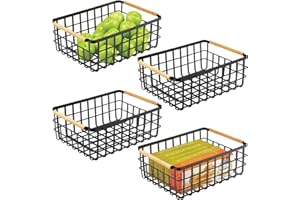 mDesign cestino portaoggetti grande in filo metallo – Porta oggetti aperto adatto per cucina, bagno, ufficio, lavanderia – Pratico organizer multiuso con maniglie in bambù – set da 4 – nero opaco