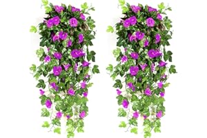 NIBESSER Fiori Finti Pendenti da Esterno Gloria Mattutina Fiori Artificiali Cadenti da Interno Pianta Finta per Decorazioni 2 Pezzi per Matrimonio Giardino Parete Balcone, Viola Rosso