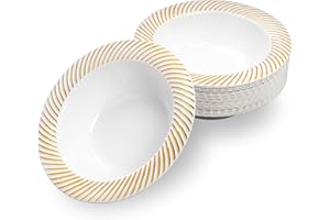 MATANA 20 białych plastikowych miseczek ze złotą krawędzią, talerze do zupy, miski na zupę, na urodziny, wesela i imprezy, 350 ml – wielokrotnego użytku i stabilne