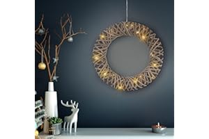ECD Germany LED Weihnachtskranz Ø40 cm mit 15 LEDs, Warmweiß, Metall & Rattan, Türkranz mit Beleuchtung & Timer, Innen, batteriebetrieben, Lichterkranz zum Aufhängen, Hängekranz Tischkranz Dekokranz