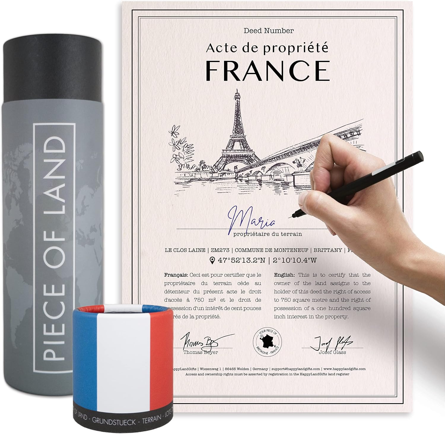 happylandgifts® Trozo de terreno real - FRANCIA | Un obsequio único | Certificado personalizado de propiedad del terreno| Regalos franceses | Regalos románticos | París | Regalo de San Valentín