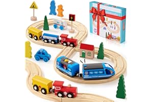Atoylink Treno Giocattolo per Bambini, Trenino Legno Bambini con Pista Macchinine Treni Magnetici in Legno Locomotiva ad Azione a Batteria, Giocattolo Educativo Rgali per Ragazze Ragazzi 3 4 5 6 anni