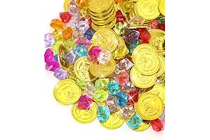 Birshe 200 pezzi Gemme dei Pirati,Monete d'oro Giocattolo, Tesoro Pirata Monete d'oro,Pirata Monete d'oro e Gemme,Caccia al tesoro,Caccia Tesoro Pirati,Regalo Decorazione(100 Monete d'oro 100 Gemme)