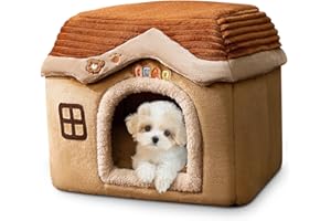 ALLSOPETS Ciepły Domek dla Kota i Psa, Składane Legowisko Jaskinia ze zdejmowaną poduszką, Miękkie i Pranie Legowisko dla Kociąt, Szczeniąt i Małych Zwierząt (Brązowy, M)