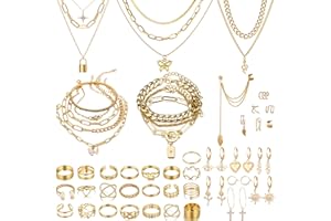 VELESAY Schmuck Set für Damen Vintage Gold Kette Punk Fingerringe Geschichteten Mehrlagige Halsketten Damen Goth Stapelbare Midi Ringe Gold Set Damen Armbänder Gold Set Layer Kette Gold Damen
