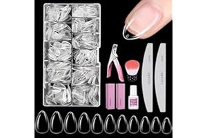 Venares 500 Stück Extra Kurze Mandel Soft Gel Künstliche Nagel Tips Set mit Kleber Feilen Nagelpuffer Nagelbürste Nagelknipser, 11 Größen Fullcover XS Short Almond Nail Tips Set für Gelnägel