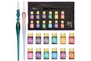 ZITFRI Glass Dip Pen Set 16pcs Crystal Ink Pen Set with 2 Glass Pens, 12 x 7ml Colorful Inks, Pen Holder and Cleansing Cup, Glass Dip Pen and Ink Set for Art, Writing, Drawing, Signatures, Calligraphy, Gift