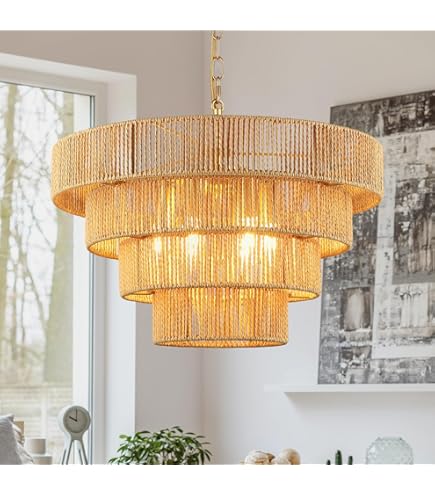 AMEERR Beige Bamboe Rotan Kroonluchter Rieten Lampenkap Rotan Lamp