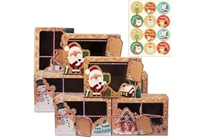 Annhao 12 Cajas de Regalo Navidad de Papel Kraft con 12 Pegatinas de Navidad, Con Ventana Transparente para Dulces Galletas Cupcakes Chocolate, para Regalos Navidad, Regalos de Bricolaje, Fiestas
