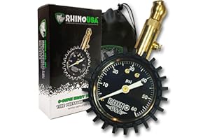 Rhino USA Heavy Duty Tyre Pressure Gauge (0-60 PSI) - Certified ANSI B40.1 Accurate, Large Glow Dial, 360 Swivel Head, Solid Brass Hardware - Car Tyre Pressure Gauge for Any Car, Truck, Motorbike, RV