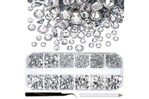 JOVITEC 2000 Pièces Hot Fix Strass en Verre Plat Hotfix Gemmes de Cristal Rond 1.5-6 mm (SS4-Ss30) dans la Boîte de Stockage avec Pince à Épiler et Stylo Plume Strass (Clair)