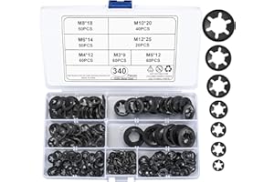 HAOCHEN 340 sztuk Zestaw pierścieni zabezpieczających Starlock, Podkładki podkładki z wewnętrznymi zębami, Szybkie zamykanie, Pierścień zabezpieczający Snap - M3/M4/M5/M6/M8/M10/M12, Kolor czarny