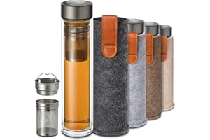 Cosumy Botella de Té con Infusor 500 ml - Vidrio de Doble Pared con Bolsa de Fieltro - Resistente al Calor - A Prueba de Fugas - Apta para Lavavajillas (Antracita)