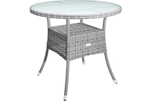 CASARIA® Round Coffee Table | Garden Table With Frosted Safety Glass Plate | Poly Rattan Outdoor Side Table | Weatherproof Patio Furniture | Balcony Bistro Cafe | 80cm | Grey