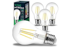 V-TAC 4x Lampadina LED a Filamento con Attacco E27 10W (Equivalenti a 75W) A60-1055 Lumen - 4 Lampadine LED Massima Efficienza e Risparmio Energetico - 4000K Luce Bianca Naturale