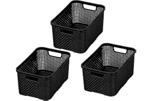 BRANQ HOME ESSENTIAL BranQ - Home essential Korb in Rattan Design 3er Set Grösse M 10 l, BPA-frei Kunststoff PP, Schwarz, 28,8x19,7x16,2 cm, 3 Stk.