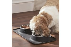 Penguin Home® Set di 4 Ciotole per Animali Domestici in Acciaio Inossidabile con Tappetino Antiscivolo in Silicone Nero | Tappetino Impermeabile per Alimenti per Animali Domestici|M-C-48x24cm - 425Ml