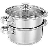 Amazon Brand - Solimo Stainless Steel Steamer with Glass Lid | Induction Base | Modak, Momo Maker | 17 x 22 x 22.4 Cm | 4L | Silver