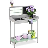 Relaxdays Pflanztisch mit Wanne, 2 Ebenen, Gartenarbeitstisch mit Schublade, Holz, HBT: 121 x 92 x 42,5 cm, grau/grün