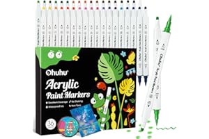 Ohuhu Markery akrylowe do malowania, 36 kolorów: podwójne końcówki (pędzle i kropki) pisaki malarskie o wysokiej przezroczystości akrylowe markery wodoodporne odporne na światło do malowania skał