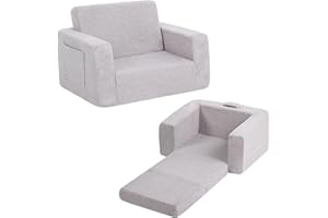 YOTATING 2-in-1 Kids Sofa, Convertible Toddler Chair with Flip Out Seat, Folding Kids Play Sofa, Side Pockets & Removable Cover Armrest, Sherpa Grey
