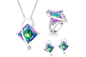 Uloveido Charm Creado Topacio Mystic Big Square Crystal Collar Pendientes y anillos a juego con juego de joyas de boda chapadas en platino T295