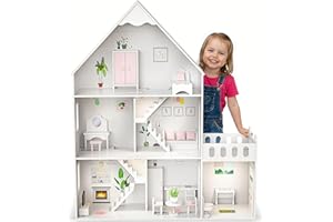 GREEN SERIES Barbie Grande Maison de poupée en Bois de 118 cm – Kinderplay Maison de poupée à 3 étages pour Enfants avec Meubles, lumière LED, Autocollants et Accessoires – Maison de Jeu Moderne en Bois Cadeau à