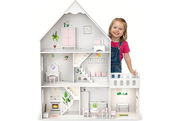 Barbie Grande Maison de poupée en Bois de 118 cm – Kinderplay Maison de poupée à 3 étages pour Enfants avec Meubles, lumière LED, Autocollants et Accessoires – Maison de Jeu Moderne en Bois Cadeau à