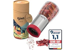 kjøk Premium Chilimühle aus Edelstahl & Glas Chilischneider mit Stahl Schneidwerk Gewürzmühle Gewürzschneider zum Selbstbefüllen 100ml Vorrat Aromaschutzdeckel und Qualitäts Schneider Spice Grinder