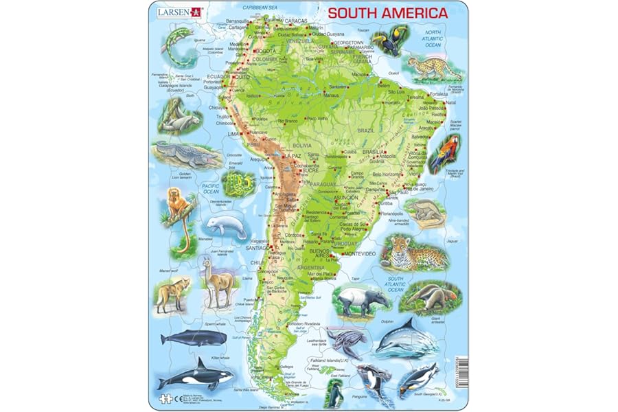 Larsen A25 South America Jigsaw Puzzle Topographic Map, English Edition, for Children & Adults - 65 Pieces | Educational & Fun Puzzle | Boxless Tray & Frame Included