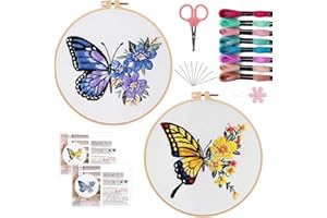 Offizon 2 PCS Embroidery Kit for Beginners - Cross Stitch DIY Craft Set, Embroidery Accessories & Hoop Included, Hand Embroidery Kit for Adults Stitching Sewing Kit Gift | Butterfly Patterns