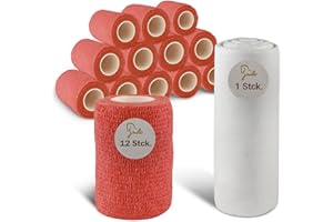 nilo Set Selbstklebender Verband - 12 Rollen 10cm x 4,5m & Mullwatte 40 cm x 5 m/Selbsthaftende Bandage & Polsterwatte Verband 1000g / atmungsaktive & elastische Binde rot, Mullwatterolle Pferd